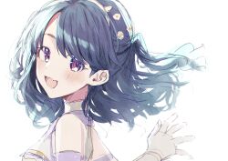 Rule 34 | 1girl, absurdres, artist request, bad link, black hair, fang, flower, fukumaru koito, hair down, hair flower, hair ornament, highres, idolmaster, idolmaster shiny colors, long hair, looking at viewer, looking to the side, one side up, open mouth, portrait, purple eyes, sketch, skin fang, solo, swept bangs, upper body, white background