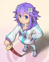 Rule 34 | 10s, 1girl, :&gt;, blue eyes, choker, collarbone, d-pad, d-pad hair ornament, flat chest, full body, gradient background, hair ornament, hand on hilt, hand on own hip, hood, hooded track jacket, jacket, looking at viewer, neptune (neptunia), neptune (series), parka, purple eyes, purple hair, segamark, sheath, sheathed, shoes, smile, solo, striped clothes, striped thighhighs, sword, thighhighs, track jacket, weapon