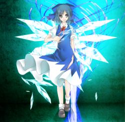 Rule 34 | 1girl, bad id, bad pixiv id, blue dress, blue eyes, blue hair, cirno, dress, fairy, female focus, full body, gradient background, ice, matching hair/eyes, miyu (lacrima), ribbon, short hair, smile, solo, torn clothes, torn dress, touhou, walking, wings