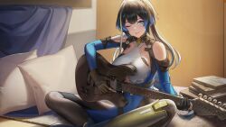 Rule 34 | 1girl, bare shoulders, black gloves, black hair, black pantyhose, blue eyes, breasts, game cg, gloves, guitar, highres, instrument, katya (snowbreak), large breasts, multicolored hair, official art, one eye closed, pantyhose, pillow, sitting, smile, snowbreak: containment zone, solo, third-party source, two-tone hair