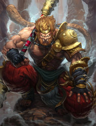 Rule 34 | 1boy, abs, bandages, barefoot sandals (jewelry), beard, brolo, brown hair, facial hair, fingerless gloves, fur trim, gloves, glowing, glowing eyes, jewelry, mace, male focus, monkey tail, muscular, nail polish, necklace, pointy ears, rock, smite, solo, sun wukong (smite), tail, teeth, topless male, weapon, yellow eyes
