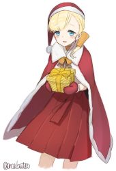 Rule 34 | 1girl, blonde hair, blue eyes, blunt bangs, cape, commentary request, fur-trimmed cape, fur trim, gift, hair ornament, hakama, hakama short skirt, hakama skirt, hat, japanese clothes, kantai collection, long hair, looking at viewer, mittens, red cape, red hakama, red mittens, santa hat, shin&#039;you (kancolle), side ponytail, simple background, skirt, solo, standing, twitter username, white background, yamashichi (mtseven)