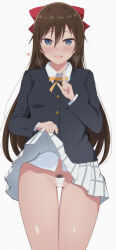 Rule 34 | 1girl, absurdres, bar censor, black jacket, blue eyes, blush, brown hair, censored, clothes lift, commentary request, female pubic hair, gluteal fold, hair ribbon, heart, heavy breathing, highres, jacket, lifting own clothes, long hair, long sleeves, looking at viewer, love live!, love live! nijigasaki high school idol club, neck ribbon, nijigasaki school uniform, no panties, osaka shizuku, pubic hair, pussy, red skirt, ribbon, school uniform, scribble censor, shirt, skirt, skirt lift, smile, solo, standing, sweatdrop, upper body, wewe, white background, white shirt, yellow ribbon