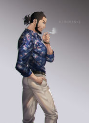 Rule 34 | 1boy, alternate costume, beard, black hair, blouse, blue eyes, blue shirt, casual, character name, cigarette, collared shirt, contemporary, contrapposto, english text, facial hair, feet out of frame, foxvulpine, from side, golden kamuy, highres, kiroranke, male focus, pants, print shirt, shirt, smoke, smoking, solo, white pants