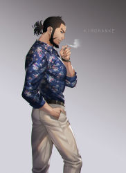 1boy alternate_costume beard black_hair blouse blue_eyes blue_shirt casual character_name cigarette collared_shirt contemporary contrapposto english_text facial_hair feet_out_of_frame foxvulpine from_side golden_kamuy highres kiroranke male_focus pants print_shirt shirt smoke smoking solo white_pants