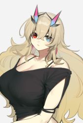 Rule 34 | 1girl, bare shoulders, black shirt, blonde hair, blue eyes, breasts, cleavage, collarbone, earrings, barghest (fate), fate/grand order, fate (series), heterochromia, horns, jewelry, large breasts, long hair, looking at viewer, off shoulder, parted lips, red eyes, shirt, short sleeves, solo, tan (inka)