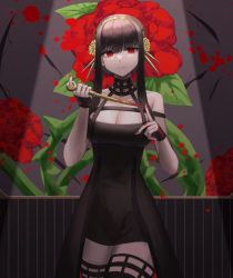 Rule 34 | 1girl, absurdres, bad id, bad pixiv id, black dress, black gloves, black hair, black thighhighs, blood, blood on hands, blood splatter, bloody weapon, breasts, cleavage, closed mouth, cowboy shot, dagger, dress, fingerless gloves, floral background, flower, gloves, gold hairband, hair flower, hair ornament, hairband, hands up, highres, holding, holding dagger, holding knife, holding weapon, knife, large breasts, looking at viewer, mea (hwaksal), nail polish, off-shoulder dress, off shoulder, petals, red eyes, red flower, red nails, red rose, reverse grip, rose, rose background, rose petals, sidelocks, solo, spikes, spy x family, thighhighs, thorns, two-sided dress, two-sided fabric, weapon, yor briar