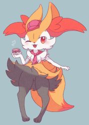 Rule 34 | 1girl, :3, animal ear fluff, animal ears, animal hands, animal nose, blue background, blush, braixen, cabbie hat, clothed pokemon, creatures (company), cup, drink, fangs, female focus, fox ears, fox tail, full body, furry, furry female, game freak, gen 6 pokemon, hand up, happy, hat, heart, highres, holding, looking at viewer, neckerchief, nintendo, one eye closed, open mouth, pigeon-toed, poke ball theme, pokemon, pokemon (creature), pokemon cafe remix, red eyes, red hat, red neckerchief, sana (sanaa653), saucer, simple background, smile, solo, standing, tail, tea, teacup, wink