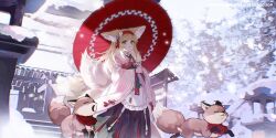 Rule 34 | 1girl, absurdres, animal ear fluff, animal ears, apron, architecture, arknights, black skirt, blonde hair, blush, chinese commentary, commentary request, east asian architecture, flower, fox, fox ears, fox girl, fox tail, green eyes, hair flower, hair ornament, hairband, highres, holding, holding umbrella, japanese clothes, kimono, long hair, long sleeves, looking at viewer, multiple tails, official alternate costume, oil-paper umbrella, parted lips, pink kimono, red hairband, shrine, skirt, snow, solo, suzuran (arknights), suzuran (yukibare) (arknights), tail, tassel, umbrella, waist apron, white apron, white flower, wide sleeves, xianyu guguzi