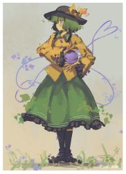 Rule 34 | 1girl, :/, batsu koseidai, black hat, black pantyhose, blouse, blush, boots, border, bow, buttons, collar, commentary, dated, diamond button, frilled collar, frilled skirt, frills, grass, green hair, green skirt, hat, hat bow, highres, komeiji koishi, long sleeves, looking away, pantyhose, protected link, shirt, short hair, skirt, solo, third eye, touhou, white border, wide sleeves, yellow bow, yellow shirt