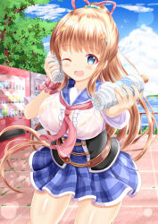 Rule 34 | 1girl, ;d, blue eyes, blue sailor collar, blue skirt, blue sky, blush, bottle, bottle to cheek, bra, bra visible through clothes, breasts, brown hair, center frills, cloud, cloudy sky, commentary request, day, frills, hair ribbon, high ponytail, highres, holding, holding bottle, large breasts, long hair, one eye closed, open mouth, original, outdoors, outstretched arm, pink bra, plaid, plaid sailor collar, plaid skirt, pleated skirt, ponytail, railing, red neckwear, red ribbon, ribbon, sailor collar, see-through, shirt, short sleeves, skirt, sky, smile, solo, tree, underwear, vending machine, very long hair, water bottle, wet, wet clothes, wet shirt, xenon (for achieve)