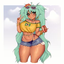 1girl absurdres aqua_eyes aqua_hair aqua_nails bead_choker belly_chain bikini bikini_under_clothes black_bikini blue_shorts blush bracelet brazilian_flag brazilian_flag_print brazilian_miku breasts can cowboy_shot exposed_pocket eyewear_on_head flower hair_flower hair_ornament hatsune_miku highres holding holding_can jewelry large_breasts long_hair looking_at_viewer midriff mollymilk multiple_bracelets navel print_shirt rectangular_earrings red_flower shirt short_shorts short_sleeves shorts shorts_tan solo sunglasses sweatdrop swimsuit tan tanline twintails very_long_hair vocaloid w white-framed_eyewear yellow_shirt