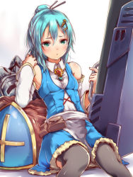 Rule 34 | 1girl, armor, bare shoulders, belt pouch, black thighhighs, blue hair, blush, breasts, cross, cross-laced clothes, delta sander (ole tower), detached sleeves, dress, fur trim, green eyes, hair bun, hair ornament, hair stick, hairclip, half updo, high collar, long hair, looking at viewer, mataichi mataro, ole tower, parted lips, pouch, sash, shield, single hair bun, sitting, small breasts, solo focus, thighhighs, triangular file (ole tower)