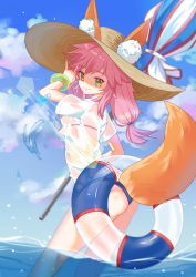 Rule 34 | 10s, 1girl, absurdres, animal ears, bikini, blue bikini, breasts, day, ears through headwear, fate/extra, fate/grand order, fate (series), fox ears, fox shadow puppet, fox tail, hat, highres, in water, large breasts, long hair, looking afar, looking at viewer, nail polish, nature, ocean, parasol, pink hair, see-through, solo, standing, swimsuit, tail, tamamo (fate), tamamo no mae (fate/extra), tamamo no mae (swimsuit lancer) (fate), tamamo no mae (swimsuit lancer) (second ascension) (fate), umbrella, wading, wet, wet clothes, yellow eyes