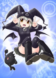 Rule 34 | 1girl, arm up, bat wings, black footwear, black thighhighs, boots, censored, convenient censoring, convenient leg, double v, hat, heart, heart in mouth, hexagram, jester cap, jewelry, kuro unyuu, magic circle, mayura, open mouth, plaid, plaid skirt, silver hair, skirt, solo, thighhighs, ukagaka, v, wings, yaso shigeru, yellow eyes