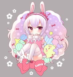 Rule 34 | 1girl, :o, animal ears, azur lane, bare shoulders, big hair, bird, blush, bow, candy, candy wrapper, character name, chick, food, hair between eyes, hair bow, hair ornament, hair scrunchie, hairband, jacket, laffey (azur lane), lollipop, long hair, long sleeves, looking at viewer, off shoulder, panties, parted lips, pink bow, pink jacket, pocopoco, polka dot, polka dot bow, rabbit, rabbit ears, red bow, red eyes, red hairband, red scrunchie, scrunchie, sleeves past wrists, solo, star (symbol), striped clothes, striped panties, swirl lollipop, thighhighs, twintails, underwear, unmoving pattern, very long hair, white thighhighs