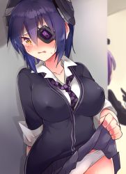 Rule 34 | 10s, 1girl, 2girls, blouse, blush, breasts, clothes lift, covered erect nipples, embarrassed, eyepatch, hair between eyes, ichihaya, impossible clothes, kantai collection, large breasts, lifted by self, looking at viewer, multiple girls, panties, pleated skirt, purple hair, shirt, short hair, skirt, skirt lift, sleeves rolled up, tatsuta (kancolle), tears, tenryuu (kancolle), underwear, wavy mouth, white panties, white shirt, yellow eyes