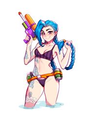 Rule 34 | 1girl, arm tattoo, artist name, asymmetrical bangs, bare arms, bare shoulders, bikini, blue hair, blush, blushyspicy, braid, breasts, can, cleavage, cloud tattoo, collarbone, cropped legs, holding, holding water gun, jinx (league of legends), league of legends, leg tattoo, long hair, medium breasts, navel, pink eyes, shoulder tattoo, smile, solo, stomach, stomach tattoo, striped bikini, striped clothes, swimsuit, tattoo, twin braids, twintails, wading, water, water gun