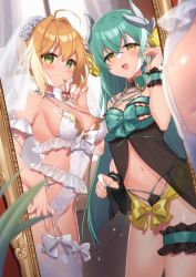 Rule 34 | 2girls, ahoge, blonde hair, blush, braid, breasts, dragon girl, dragon horns, fate/extra, fate/grand order, fate (series), french braid, green eyes, green hair, hair between eyes, hair bun, hair intakes, highres, horns, kan&#039;yu (citron 82), kiyohime (fate), large breasts, long hair, looking at viewer, medium breasts, multiple girls, multiple horns, navel, nero claudius (fate), nero claudius (fate) (all), nero claudius (fate/extra), open mouth, single hair bun, smile, thighs, yellow eyes