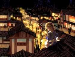 Rule 34 | 1girl, architecture, arm warmers, blonde hair, braid, brown shirt, commentary request, east asian architecture, former capital, from behind, house, lantern, light, mizuhashi parsee, night, one side up, outdoors, pointy ears, shadow, shirt, short hair, short sleeves, single braid, sitting, solo, sunnysideup, touhou, wavy hair