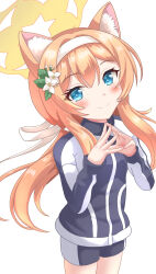 Rule 34 | 1girl, animal ear fluff, animal ears, black jacket, black shorts, blonde hair, blue archive, blue eyes, blush, closed mouth, flower, gym shorts, hair between eyes, hair flower, hair ornament, hair ribbon, hairband, halo, highres, jacket, long hair, long sleeves, mari (blue archive), mari (track) (blue archive), puffy long sleeves, puffy sleeves, ribbon, shorts, sills, simple background, sleeves past wrists, smile, solo, steepled fingers, track jacket, very long hair, white background, white flower, white hairband, white ribbon