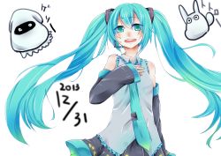 Rule 34 | 10s, 1girl, 2013, absurdres, aqua hair, dated, detached sleeves, green eyes, hand on own chest, hatsune miku, headset, highres, long hair, masumofu, necktie, skirt, solo, twintails, very long hair, vocaloid, white background