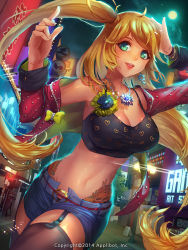 Rule 34 | 10s, 1girl, 2014, blonde hair, breasts, cleavage, crop top, dutch angle, female focus, furyou michi ~gang road~, garter straps, green eyes, jacket, large breasts, long hair, midriff, navel, official art, open mouth, original, shorts, smile, solo, thighhighs, twintails, very long hair, wooju