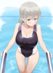 Rule 34 | 1girl, alternate hairstyle, bad id, bad pixiv id, black one-piece swimsuit, blue eyes, blush, breasts, cleavage, climbing ladder, collarbone, commentary request, competition swimsuit, grey hair, haeil2, highres, large breasts, long hair, multicolored clothes, multicolored swimsuit, one-piece swimsuit, open mouth, pool, pool ladder, solo, swimsuit, uzaki-chan wa asobitai!, uzaki hana, water