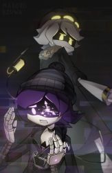 Rule 34 | 1boy, 1girl, beanie hat, boots, choker, coat, glitch productions, hat, highres, murder drones, n (murder drones), no humans, purple eyes, purple hair, robot, size difference, tail, uzi (murder drones)