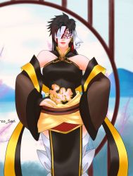 Rule 34 | 1girl, bandana, bare shoulders, black hair, boots, breasts, cape, chinese clothes, claws, covered eyes, female focus, genderswap, genderswap (mtf), hands on own hips, highres, large breasts, lipstick, makeup, midriff, navel, ornament, pale skin, qin shi huang, qin shi huang (shuumatsu no valkyrie), shuumatsu no valkyrie, smile, smirk, smug, solo, tattoo, thick thighs, thighs