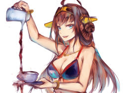 Rule 34 | 10s, 1girl, bad id, bad pixiv id, bare shoulders, bikini, bikini top only, blue eyes, breasts, brown hair, cleavage, coffee, coffee cup, collarbone, cup, decantering, disposable cup, failure, hair ornament, holding, jewelry, kantai collection, kongou (kancolle), liquid, long hair, looking at viewer, mi bait, navel, necklace, open mouth, simple background, smile, solo, swimsuit, teacup, teapot, upper body, white background, you&#039;re doing it wrong