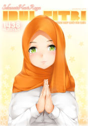 Rule 34 | 1girl, blush, breasts, covered erect nipples, green eyes, highres, hijab, indonesian text, kopianget, large breasts, looking at viewer, original, palms together, shirt, smile, solo, upper body, yellow background
