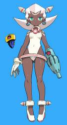 Rule 34 | 1girl, alternate skin color, arm cannon, blue background, body markings, breasts, commentary request, corruption, crotch plate, dark-skinned female, dark skin, earrings, expressionless, familiar, full body, gloves, gluteal fold, green eyes, high heels, highleg, highleg leotard, horns, jewelry, leotard, looking at viewer, mechanical horns, medium hair, mega man (series), mega man legends (series), shimada fumikane, simple background, single glove, small breasts, solo, standing, tron bonne (mega man), weapon, white footwear, white gloves, white hair, white leotard