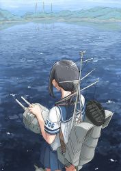 Rule 34 | 1girl, armband, black hair, blue skirt, cannon, from above, from behind, fubuki (kancolle), holding, holding turret, kantai collection, looking away, low ponytail, machinery, pleated skirt, ponytail, school uniform, serafuku, short hair, short ponytail, short sleeves, sidelocks, skirt, solo, standing, turret, vent arbre