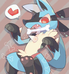 Rule 34 | 1boy, akadako, animal ears, animal feet, animal hands, black fur, blue fur, body fur, bone, bright pupils, creatures (company), fangs, furry, furry male, game freak, gen 4 pokemon, hands up, heart, highres, jumping, leg up, looking down, lucario, male focus, nintendo, one-hour drawing challenge, open mouth, paw pose, pawpads, pokemon, pokemon (creature), red eyes, snout, solo, speech bubble, spikes, spoken heart, striped, striped background, tail, white pupils, wolf boy, wolf ears, wolf tail, yellow fur