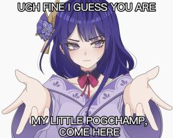 Rule 34 | 1girl, blunt bangs, blush, breasts, closed mouth, commentary, english commentary, english text, flower, foreshortening, genshin impact, hair flower, hair ornament, iffynekonii, japanese clothes, kimono, long hair, long sleeves, looking at viewer, meme, mole, mole under eye, my little pogchamp (meme), purple eyes, purple flower, purple hair, raiden shogun, ribbon, simple background, solo, symbol-only commentary, white background, wide sleeves
