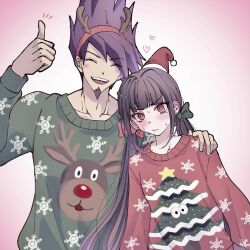 Rule 34 | 1boy, 1girl, :d, alternate costume, alternate hair ornament, black hair, blunt bangs, blush, bow, christmas tree, collarbone, danganronpa (series), danganronpa v3: killing harmony, facial hair, fake antlers, goatee, gradient background, green sweater, hair bow, hair ornament, hairclip, hand on another&#039;s shoulder, harukawa maki, hat, heart, highres, long hair, momota kaito, notice lines, open mouth, red bow, red headwear, red sweater, santa hat, satori (aosky9077), smile, sweat, sweater, teeth, thumbs up, ugly sweater, upper body, upper teeth only, wavy mouth