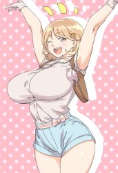 Rule 34 | 10s, 1girl, ;d, armpits, arms up, blue shorts, breasts, brown eyes, brown hair, curvy, denim, denim shorts, gloves, gun, hair ornament, hairclip, handgun, heart hair ornament, huge breasts, looking at viewer, matching hair/eyes, narusawa ryouka, occultic;nine, one eye closed, open mouth, pink background, pistol, polka dot, polka dot background, short hair, short shorts, shorts, skirt, smile, solo, taka-michi, thighs, weapon, white gloves, wide hips