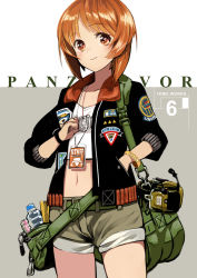 Rule 34 | 10s, 1girl, bag, belt, black jacket, blush, bottle, bracelet, brown eyes, brown hair, character name, closed mouth, collarbone, cowboy shot, crop top, dog tags, emblem, eyebrows, flat chest, girls und panzer, hand in pocket, headphones, headphones removed, headset, jacket, jaian, jewelry, looking at viewer, microphone, navel, nishizumi miho, open clothes, open jacket, pocket, short hair, shorts, shoulder bag, sleeves past elbows, smile, snack, solo, stomach, tank top, watch, water bottle, wristwatch