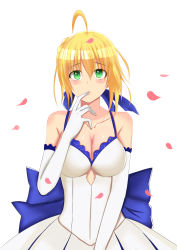 Rule 34 | 10s, 1girl, absurdres, ahoge, alternate breast size, artoria pendragon (all), artoria pendragon (fate), breasts, cleavage, elbow gloves, fate/extella, fate/extra, fate/stay night, fate (series), finger to mouth, gloves, green eyes, highres, ice spirit tarot, large breasts, official alternate costume, petals, saber (fate), saber (pure night dress) (fate), solo, white background