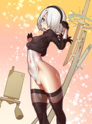 Rule 34 | 1girl, asymmetrical bangs, black footwear, black gloves, black hairband, black thighhighs, blue eyes, boots, breasts, drone, feather-trimmed sleeves, floating, floating object, floating sword, floating weapon, gloves, hair over one eye, hairband, highleg, highleg leotard, highres, hip focus, huge weapon, leotard, nier:automata, nier (series), no blindfold, petite, pod (nier:automata), shrug (clothing), silver hair, skin tight, small breasts, smile, solo focus, standing, sword, teeth, thigh boots, thighhighs, thighhighs under boots, thighs, tomoyuki kotani, upper teeth only, virtuous contract, virtuous treaty, weapon, white leotard, 2b (nier:automata)