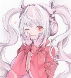 Rule 34 | 1girl, alice (nikke), artist name, bodysuit, closed mouth, cropped jacket, goddess of victory: nikke, grey hair, hands on own cheeks, hands on own face, heart, highres, jacket, long hair, one eye closed, pink bodysuit, pink eyes, red jacket, ridie, sidelocks, simple background, smile, solo, twintails, white background