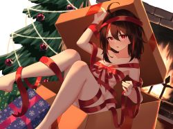 Rule 34 | 1girl, ahoge, arm up, blush, box, breasts, brown hair, christmas tree, commentary, commission, english commentary, feet out of frame, fire, fireplace, gift, gift box, hair between eyes, highres, holding, holding ribbon, in box, in container, jl tan, looking at viewer, medium breasts, medium hair, naked ribbon, open mouth, original, red eyes, red ribbon, ribbon, solo