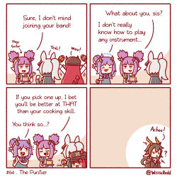Rule 34 | 1boy, 4girls, 4koma, ?, animal ears, apron, arknights, cake, chibi, comic, commentary, demon tail, ebenholz (arknights), english commentary, english text, flying sweatdrops, food, fork, grani (arknights), grey hair, hat, hibiscus (arknights), highres, horns, horns through headwear, horse ears, horse girl, instrument, lava (arknights), long hair, maracas, multiple girls, plate, pointy ears, ponytail, purple eyes, purple hair, red eyes, red hair, smile, sneezing, tail, twintails, twitter username, vigna (arknights), wittle red