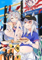 Rule 34 | 2girls, :t, ^ ^, absurdres, animal ears, artist name, baseball cap, black headwear, blue eyes, blue shirt, blue shorts, bottle, breasts, closed eyes, crop top, ears through headwear, eating, eyewear on head, food, food on face, full stomach, grey hair, grin, hairband, hat, headband, highres, holding, holding bottle, holding food, horse ears, horse girl, horse tail, jewelry, long hair, looking at another, multicolored nails, multiple girls, nail polish, oguri cap (umamusume), outdoors, pendant, shirt, shoes, short sleeves, shorts, small breasts, smile, sneakers, squatting, standing, sunglasses, symbol in eye, tail, takoyaki, tamamo cross (umamusume), tank top, umamusume, zetsuyo chimayo