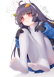 Rule 34 | 1girl, absurdres, ahoge, black gloves, blue archive, blush, closed mouth, feet, flying sweatdrops, foot focus, foreshortening, gloves, hairband, halo, highres, jacket, leaf, leaf on head, long hair, long sleeves, looking at viewer, manic shd, miyu (blue archive), no shoes, pantyhose, pleated skirt, red eyes, revision, school uniform, simple background, sitting, skirt, smile, soles, solo, toes, white background, white pantyhose