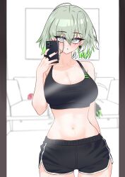 1girl absurdres black_shorts black_sports_bra breasts cellphone cleavage commentary_request diabellstar_the_black_witch duel_monster eyelashes grey_eyes grey_hair highres holding holding_phone huge_breasts looking_at_mirror midriff mirror navel oldsickkim phone selfie shorts smartphone solo sports_bra standing yu-gi-oh!