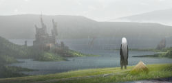 Rule 34 | 1girl, asteroid ill, bad id, bad pixiv id, building, from behind, highres, iz (asteroid ill), lake, long hair, mountain, mountainous horizon, original, post-apocalypse, rain, road, ruins, scenery, skyscraper, solo, standing, very long hair, very wide shot, white hair