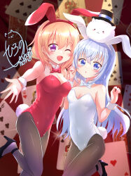 Rule 34 | 2girls, ;d, absurdres, animal, animal ears, animal on head, black footwear, black pantyhose, blonde hair, blue eyes, blurry, blurry background, blush, bow, breasts, card, cleavage, collarbone, covered navel, detached collar, fake animal ears, fake tail, front-seamed legwear, gochuumon wa usagi desu ka?, hair between eyes, hair ornament, hairband, high heels, highres, holding hands, hoto cocoa, interlocked fingers, kafuu chino, leotard, long hair, looking at viewer, medium breasts, multiple girls, noshi nono, on head, one eye closed, open mouth, outstretched arm, pantyhose, playboy bunny, purple eyes, rabbit, rabbit ears, rabbit on head, rabbit tail, reaching, reaching towards viewer, red hairband, red leotard, seamed legwear, small breasts, smile, standing, standing on one leg, strapless, strapless leotard, tail, tippy (gochiusa), very long hair, white bow, white hair, white hairband, white leotard, wing collar, wrist cuffs, x hair ornament