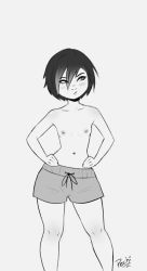Rule 34 | 1girl, alternate breast size, artist name, artofpechi, big hero 6, black hair, blush, bob cut, breasts, collarbone, crossdressing, embarrassed, feet out of frame, gogo tomago, gradient hair, greyscale, hair between eyes, hands on own hips, highres, looking to the side, male swimwear, male swimwear challenge, monochrome, multicolored hair, navel, nipples, short hair, signature, simple background, small breasts, solo, standing, swim trunks, tomboy, topless, white background